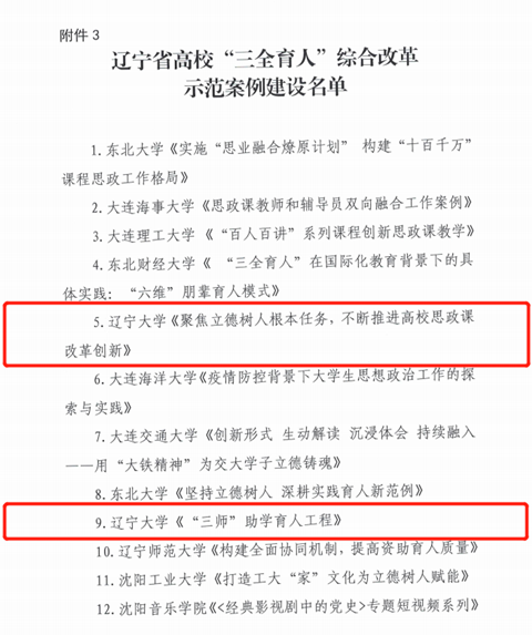 　　辽宁省高校“三全育人”综合改革示范案例建设名单